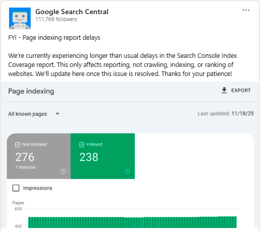 Screenshot of the page indexing report in Search Console, showing "last updated: 11/18/25"